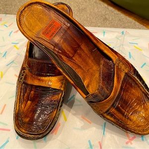 Goffredo Fantini brown marbled leather mules, size 7.5